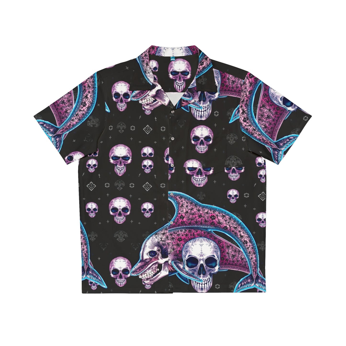Men's Hawaiian Shirt - Neon Dolphin and Skulls Operator Shirt