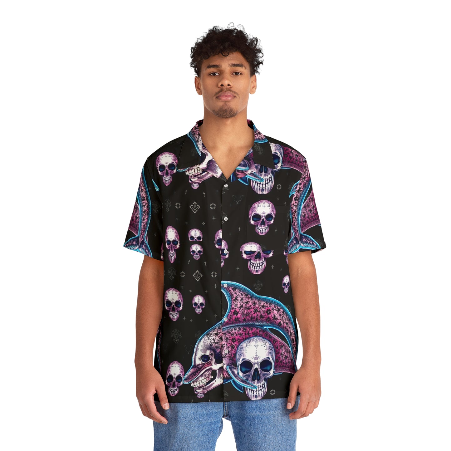 Men's Hawaiian Shirt - Neon Dolphin and Skulls Operator Shirt