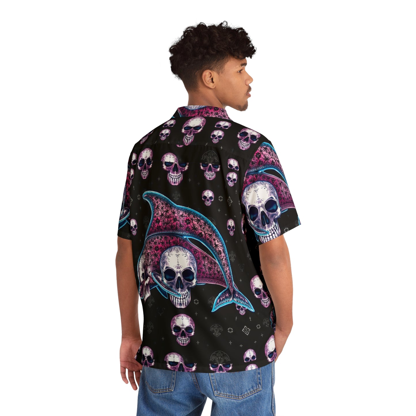 Men's Hawaiian Shirt - Neon Dolphin and Skulls Operator Shirt