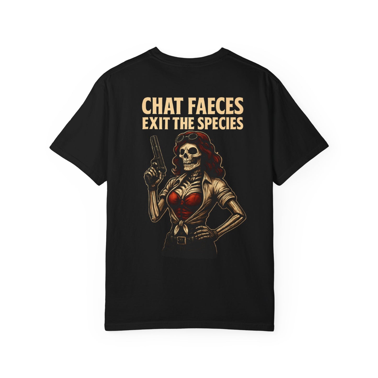 Skull Cowgirl T-Shirt — "Chat Faeces, Exit the Species" Retro Skeletal Western Tee