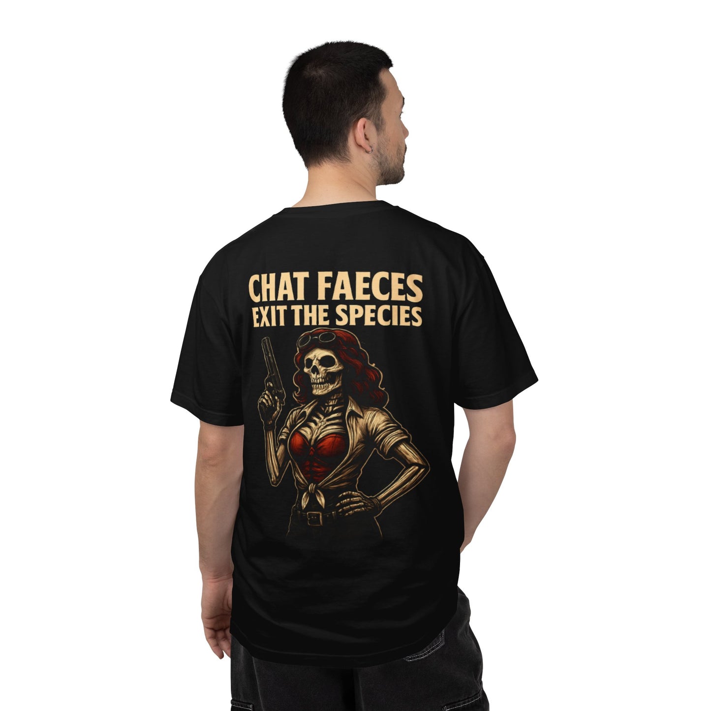 Skull Cowgirl T-Shirt — "Chat Faeces, Exit the Species" Retro Skeletal Western Tee