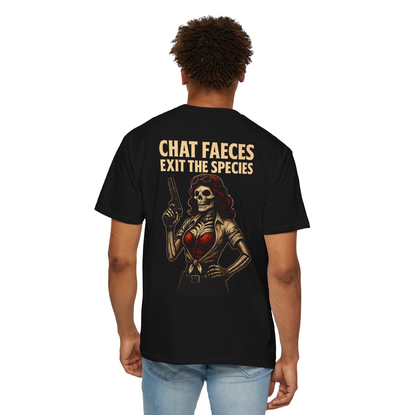 Skull Cowgirl T-Shirt — "Chat Faeces, Exit the Species" Retro Skeletal Western Tee